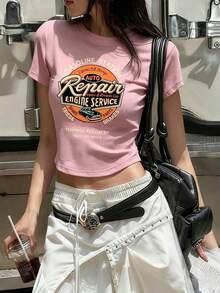 Playera cuello redondo manga corta para mujer, corte ajustado corto súper linda, estampado de letras edición verano, estilo juvenil atractivo ideal para salir y usar diario M0YL - Rosa - Ver 6