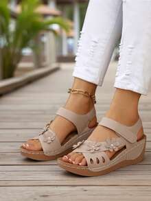 Women's Color Block Platform Sandals, Casual Open Toe Thick Bottom Flat Shoes, Comfortable Beach Slippers - Beige - View 4