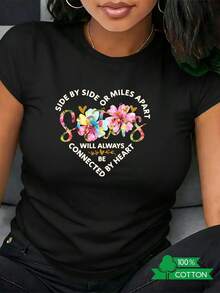 1 pieza clásica y versátil, camiseta corta de algodón puro con mangas cortas, estampado de letras animadas para mujeres, estilo moderno. - Negro - Ver 1