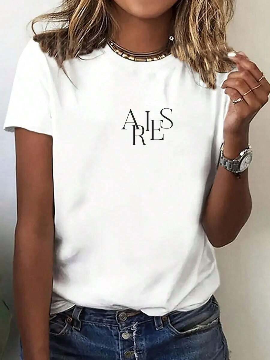 New Women's T-Shirt With Y2K "Aries" Cartoon Design - Casual Crew Neck Top, Soft And Stretchy, Machine Washable, Suitable For All Seasons, Durable Fabric, Casual And Versatile, Loose Fit. | Fun Print T-Shirt | Short-Sleeved Crew Neck T-Shirt, Urban Retro Style, Unisex, Loose Fit And 100% Cotton. - 白色 - 查看 1