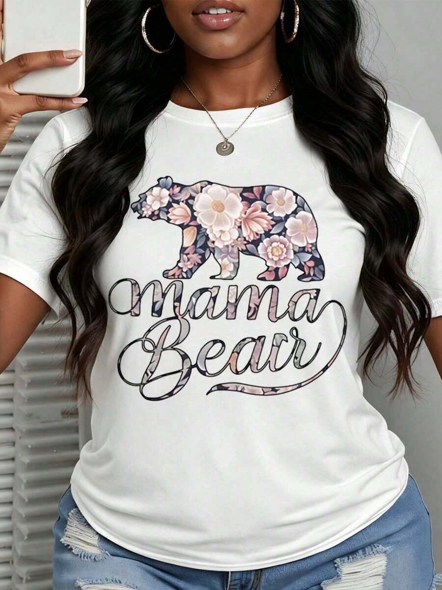 1 Pieza de Camiseta Casual de Moda para Hombres y Mujeres, Divertida, con Cuello Redondo, Estampado Floral de Oso, Mama Bear, 100% Algodón, para Uso Diario, Fiestas, Vacaciones, Opción de Regalo. Versátil, fácil de combinar, para uso diario, estilo urbano, ropa de vacaciones, ropa de fin de semana. - Blanco - Ver 1