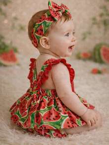 Baby Skirt Overalls Children's Blogger Watermelon Fruits Little Fruit Girl Feeding Food Introduction Photo Shoot Monthly Themed Baby Baby Birthday Skirt Glamour Premium Lightweight Tricoline 100% Cotton Adjustable And With Elastic Easy To Wear - Đỏ - Xem 2