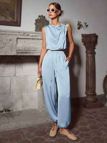 Sollinarry Conjunto de top sin mangas con cuello mao y hebilla metálica decorativa, y pantalones holgados con cintura ajustable con cordón, apropiado para salidas, vacaciones y festivales de música, elegante - azul claro - Ver 3