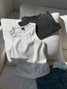 Conjunto de 2 piezas de suéter sin mangas de mujer de algodón con efecto desgastado y teñido ácido en dos tonos vintage - Blanco y Negro - Ver 3