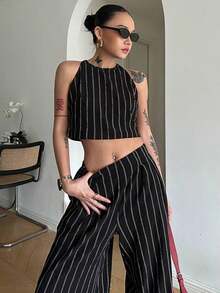 2 piezas Conjunto casual de verano para mujer con top halter a rayas y pantalones - Conjunto de ropa de descanso para mujer - Conjunto de shorts para mujer - Negro - Ver 4