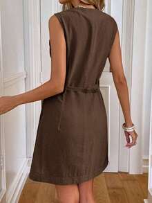 Vestido mini casual de mujer con botones y bolsillo - Marrón - Ver 3
