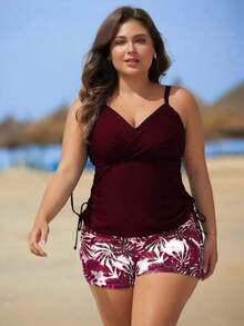 Swim Lushoire Set de 2 piezas de tankini con estampado floral para mujeres de talla grande - Burdeos - Ver 5