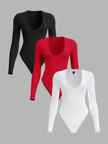BASICS Set de 3 piezas de body de punto liso, con escote de corazón y manga larga que se ajusta al Body, de estilo casual para mujer - Rojo - Ver 1