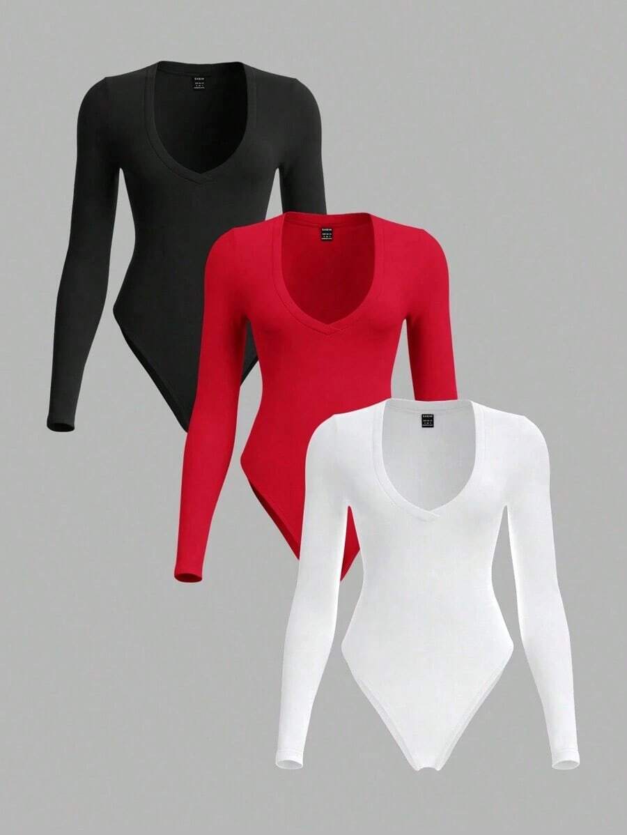 BASICS Set de 3 piezas de body de punto liso, con escote de corazón y manga larga que se ajusta al Body, de estilo casual para mujer - Rojo - Ver 1