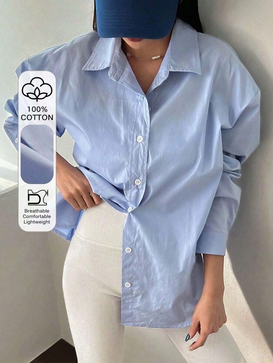 Camisa holgada con botones y hombros caídos, prenda de otoño de manga larga - Celeste - Ver 1