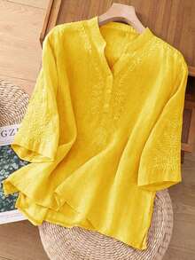Blusa de lino holgada, informal, con bordado asimétrico de unicolor para primavera y verano para mujer - Amarillo - Ver 3