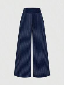 Nuevos pantalones de estilo coreano de primavera/verano, minimalistas y elegantes, de lino a rayas azul y blanco, de cintura alta, estilizadores, de pierna recta y sueltos, informales para mujer - Azul marino - Ver 5