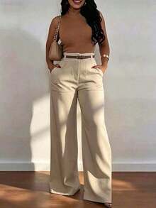 Pantalones casuales de cintura alta, pierna recta y sueltos para mujer, primavera - Caqui - Ver 3