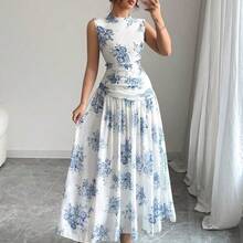 Women's Elegant Floral Print Ruched Waist Sleeveless Casual Dress - Amarillo - Ver 2