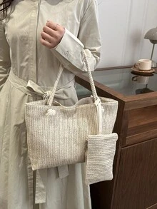 2026 Summer Casual Woven Rope Knot Tote Bag Set, Beach Handbag With Large Capacity, Versatile Essential For Outings - Beige - View 4