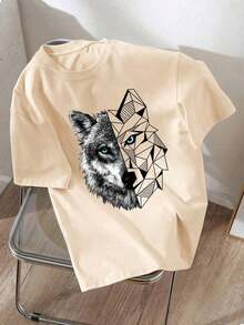 Short-Sleeved T-Shirt For Boys With Wolf Head Print, Featuring A Realistic Geometric Design Of A Wolf Head With Blue Eyes, Loose Fit And Round Neck, Casual And Comfortable, Suitable For Daily Wear, School And Commuting - 杏色 - 查看 1