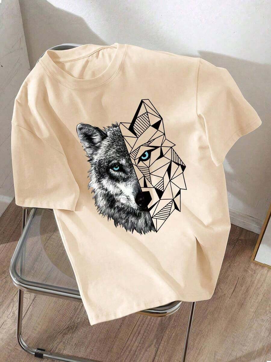 Short-Sleeved T-Shirt For Boys With Wolf Head Print, Featuring A Realistic Geometric Design Of A Wolf Head With Blue Eyes, Loose Fit And Round Neck, Casual And Comfortable, Suitable For Daily Wear, School And Commuting - 杏色 - 查看 1