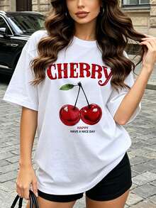 Camiseta de manga corta con cuello redondo suave y casual para mujer de verano |   Cherry, que tengas un buen día. | Tops para salir, Estilo callejero europeo y americano, Casual deportivo, Estilo unisex, Estilo casual urbano, Tops bonitos, Generación Z, Curvas, Ropa Y2K, Camisetas divertidas, Tops de mujer, Conjuntos de vacaciones para mujer, Top lindo, Camiseta gráfica, Conjuntos de primavera, Camisetas holgadas, Ropa urbana retro, Estilo de los 90, Estilo de los 2000, Subcultura, Top negro, Tops blancos, Conjunto de fiesta de los 90. - Blanco - Ver 4