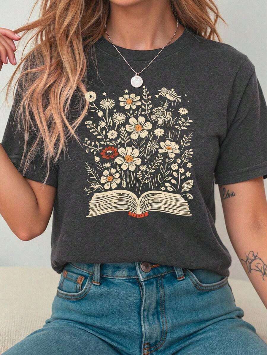 Howell Women's Floral Print Short Sleeve T-Shirt, Casual And Charming Style, Round Neck, Graphic Tees For Women, Summer Tops - 深灰色 - 查看 1