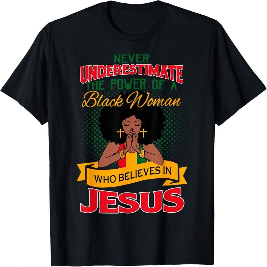 Camiseta informal de algodón de manga corta y cuello redondo para mujer con estampado "Nunca subestimes a la que cree en Jesús". - Negro - Ver 1