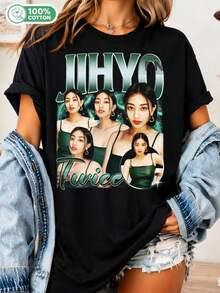 Jihyo TWICE Retro 90s Graphic T-Shirt, Unisex Vintage Style K-Pop Idol Cotton T-Shirt, Casual Top For Fans. - Black - View 1