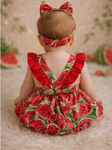 Baby Skirt Overalls Children's Blogger Watermelon Fruits Little Fruit Girl Feeding Food Introduction Photo Shoot Monthly Themed Baby Baby Birthday Skirt Glamour Premium Lightweight Tricoline 100% Cotton Adjustable And With Elastic Easy To Wear - Đỏ - Xem 3