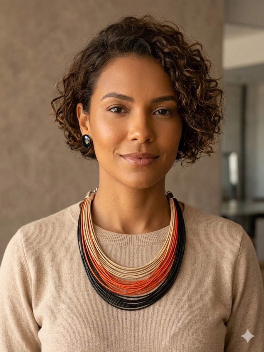 Maxi Waxed Multi-Strand Necklace Set With Button Earrings - 多色 2 - 查看 1