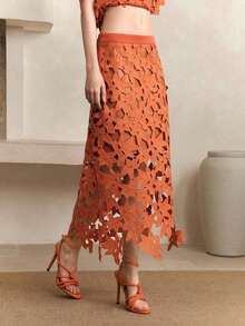 Frievida Falda larga naranja elegante y de uso diario con encaje floral y diseño hueco, ropa de mujer, ropa de verano para mujeres, vestidos, ropa de cumpleaños para mujeres, ropa de otoño para mujeres - Naranja - Ver 1