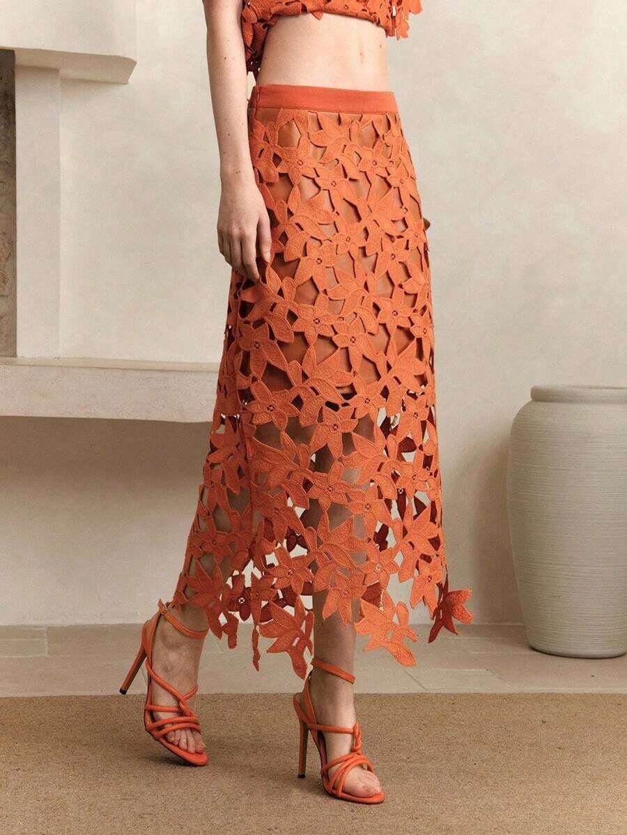 Frievida Falda larga naranja elegante y de uso diario con encaje floral y diseño hueco, ropa de mujer, ropa de verano para mujeres, vestidos, ropa de cumpleaños para mujeres, ropa de otoño para mujeres - Naranja - Ver 1