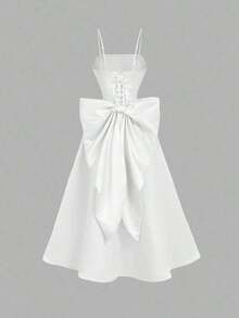 MOD Vestido de satén color albaricoque con lazo en la espalda y largo medio - Blanco - Ver 2