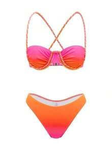 Swim  Conjunto de 3 piezas de traje de baño de mujer para vacaciones de verano, con falda de malla trenzada, estampado degradado y diseño informal - Rosa - Ver 5