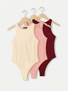 BASICS Set de 3 bodys ajustados de punto de color liso, sin mangas y de cuello redondo para mujer - Multicolor 7 - Ver 1