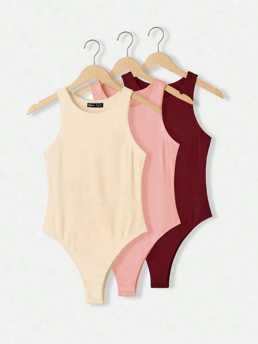 BASICS Set de 3 bodys ajustados de punto de color liso, sin mangas y de cuello redondo para mujer - Multicolor 7 - Ver 1