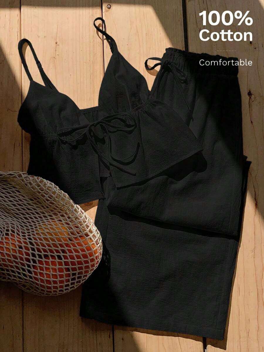 2 piezas de top de tirantes y pantalones de lino de verano para mujeres - Negro - Ver 1