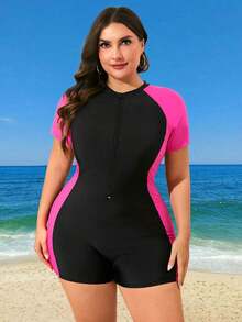 Swim SPRTY Traje de baño enterizo de una pieza con mangas cortas y color contrastante, talla grande shorts, adecuado para vacaciones en tallas grandes para mujer - Rosa Roja - Ver 5