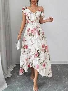 Vestido largo rosa de estilo retro romántico para mujer, con estampado floral, cuello oblicuo, volantes en el bajo e bajo irregular, ideal para vacaciones en la playa, reuniones diarias, citas y fiestas - Albaricoque - Ver 4