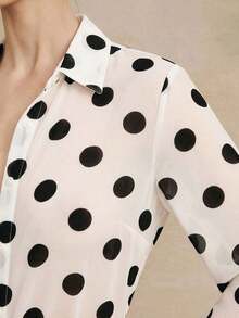 Blusa de manga larga de chifón con elegante estampado de lunares retro francés de alta calidad, camisa versátil con estampado de lunares para atuendos de oficina y vacaciones - Blanco - Ver 2