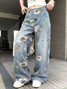 Jeans anchos de mujer lavados con estampado floral all-over - Lavado ligero - Ver 7