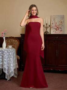 PARTHEA Vestido maxi de punto elegante y sexy para ocasiones formales de verano, con escote halter, decoración de cinta, dobladillo de cola de sirena de doble capa, fruncido, cierre de cremallera, unicolor, espalda descubierta - Rojo - Ver 5