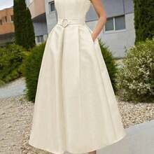 Women's Elegant Waist Belt A-Line Dress, New Spring/Summer Sleeveless V-Neck Urban Commuter Dress - Albaricoque - Ver 3
