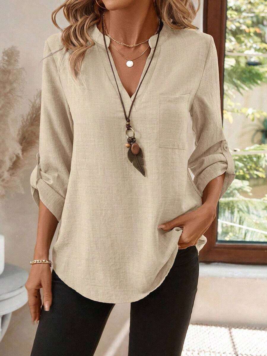 Blouse With Fitted Neckline And 3/4 Sleeves With Print, Work Shirt For Spring - Apricot - View 1
