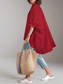 Women's Loose-Fitting, Versatile Batwing Sleeve Button-Down Shirt In A Solid Color, Perfect For Spring And Summer - 紅色的 - 查看 3