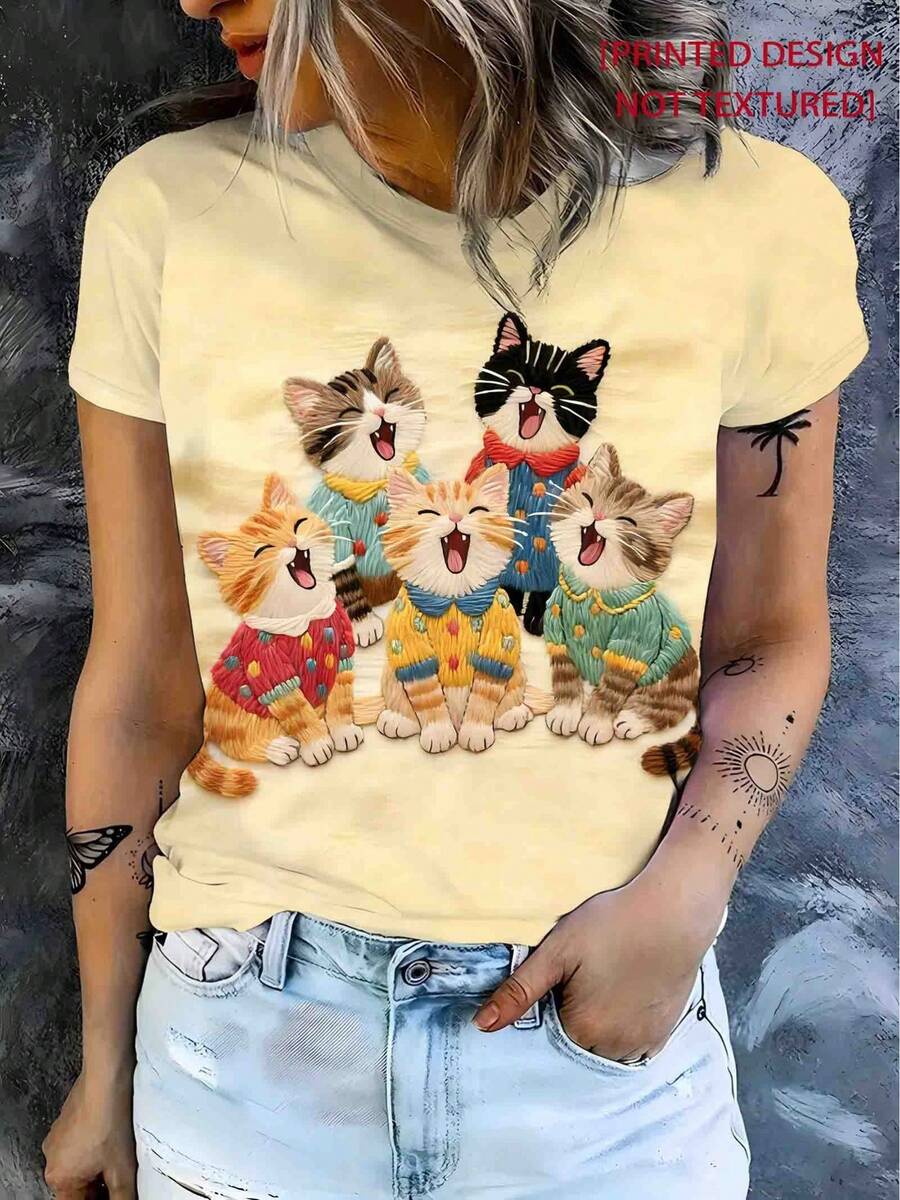 Camiseta manga corta cuello redondo 100% algodón, estampado trendy, tejido ligero y ventilado, estilo moda casual, apta para vida diaria, salidas informales y citas en primavera, verano y otoño - Champán - Ver 1