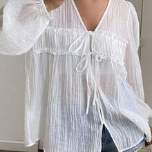 Camisa de mujer casual y versátil de unicolor con lazo - Albaricoque - Ver 4