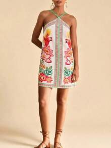 Flower Print Backless Halter Mini Dress, Casual Resort Style,Bohemian Clothes, Suitable For Holiday , Afternoon Tea, Wedding Season, Beach Cruise Vacation, City Road Trip Vacation, Boho Vacation, Music Festival , Beachwear, Easter, Beach Outfits For Woman,, Elegrant Dress For Women, Vacation Outfits Women, Concert Outfit Women, Tropical Vacation Woman Clothes, Holiday Outfits, Bohemian Clothes,For Spring Sunmmer And Autumn,Tropical Vacation, Bohemian Outfits, Ibiza Outfits, Western Style - Nhiều màu 3 - Xem 3