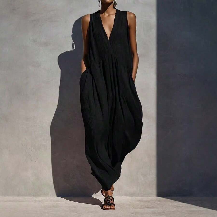 Vestido midi de verano para mujer escote en V unicolor talla grande moda vacaciones nuevo diseño - Negro - Ver 1