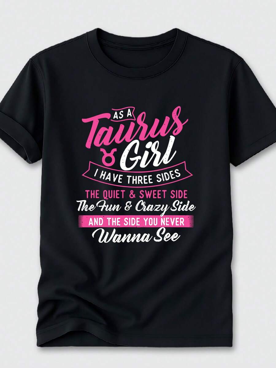 Taurus T-Shirt For Men - Funny Taurus Girl Quotes And Astrological Birthday Gift - Pink And Black Short Sleeve T-Shirt With Taurus Symbol - Casual Crew Neck T-Shirt Suitable For Taurus Men And Women (Born Between April And May) - 黑色 - 查看 1