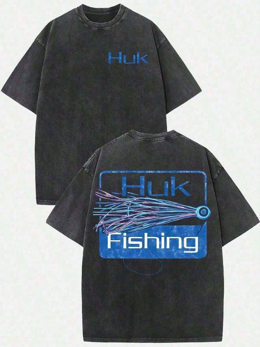 Womens Clothes;Summer Tops100% Cotton VPRNT Men's Distressed Cotton Retro HUK Fishing Colorful Lure Graphic Tee, Loose Casual Crewneck Short Sleeve T- - 黑色 - 查看 1