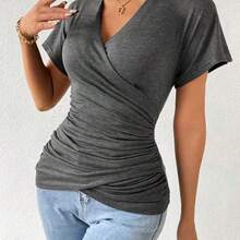 Women Summer Solid Color Pleated Slim Fit V-Neck Short Sleeve Casual T-Shirt - Negro - Ver 8