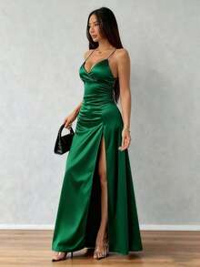 1 pieza Elegante y sexy vestido de satén de unicolor para fiesta con espalda descubierta, abertura alta asimétrica/asimétrica, lazo recortado, cordón y abertura en la espalda, adecuado para boda, fiesta de noche, gala formal, actuación en el escenario, baile de graduación, fiesta de cumpleaños, vacaciones, primavera/verano/otoño, color negro - Verde - Ver 7